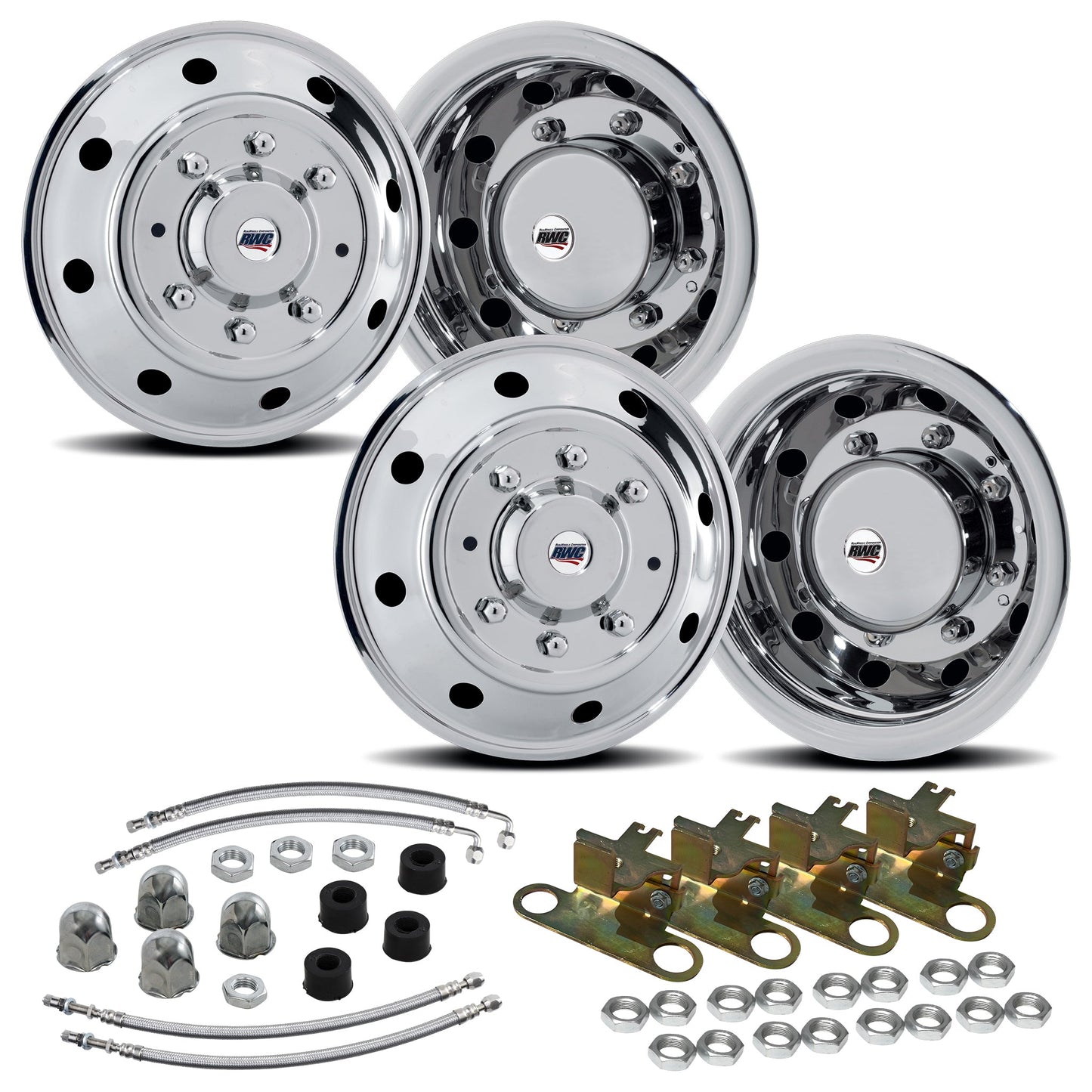 19.5" 8 Lug American Road Series Stainless Steel Full Simulator Kit - 2 Steer / 2 Drive Covers with Mounting Hardware and Air Valve Extensions (in Polished Mirror Shine finish)