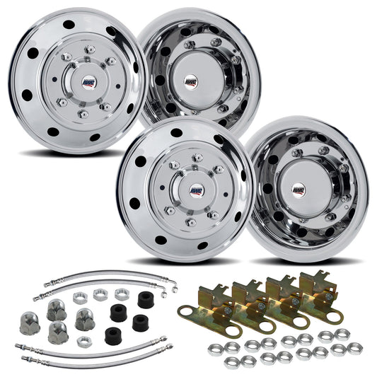 19.5" 8 Lug American Road Series Stainless Steel Full Simulator Kit - 2 Steer / 2 Drive Covers with Mounting Hardware and Air Valve Extensions (in Polished Mirror Shine finish)