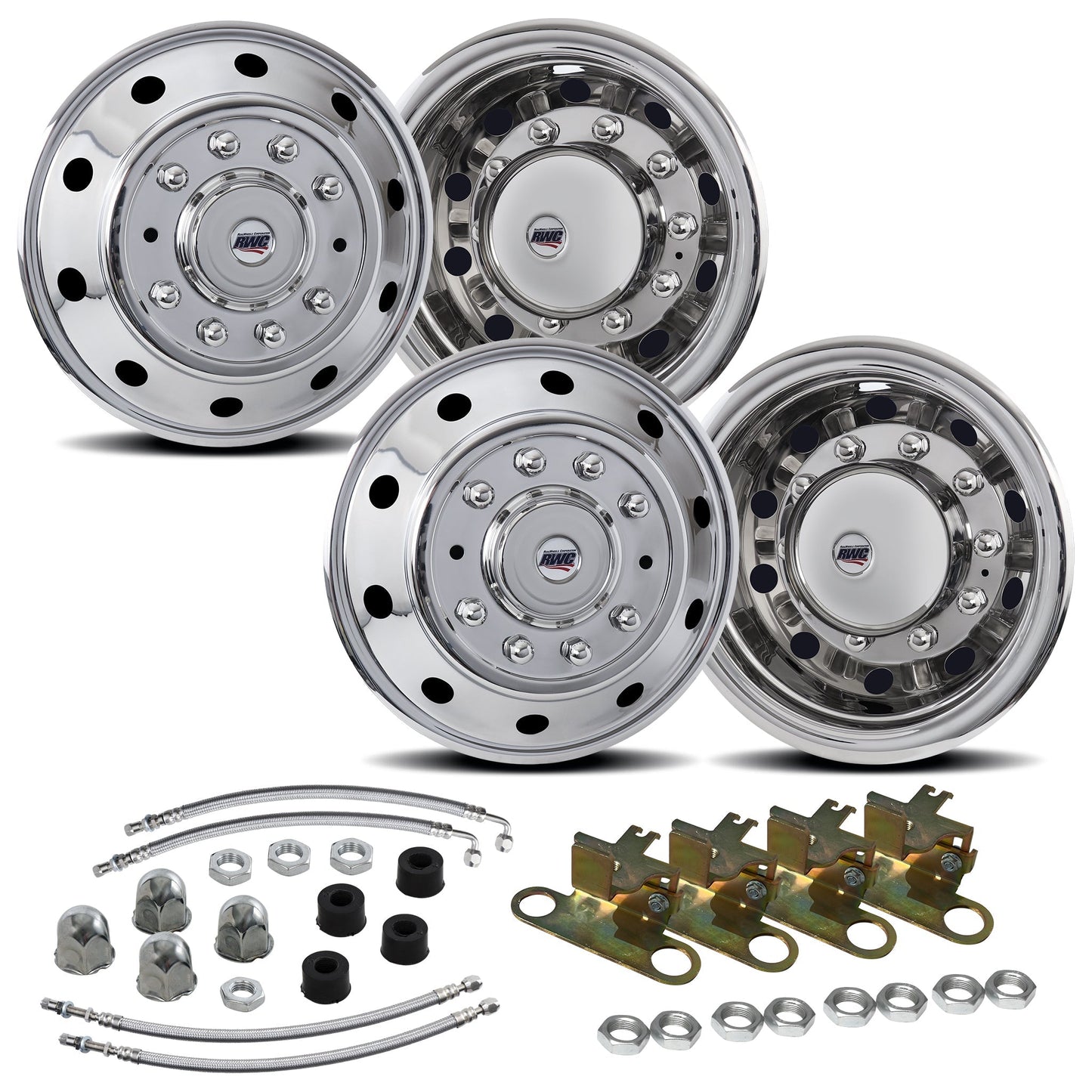 19.5" 10 Lug American Road Series Stainless Steel Full Simulator Kit - 2 Steer / 2 Drive Covers with Mounting Hardware and Air Valve Extensions (in Polished Mirror Shine finish)