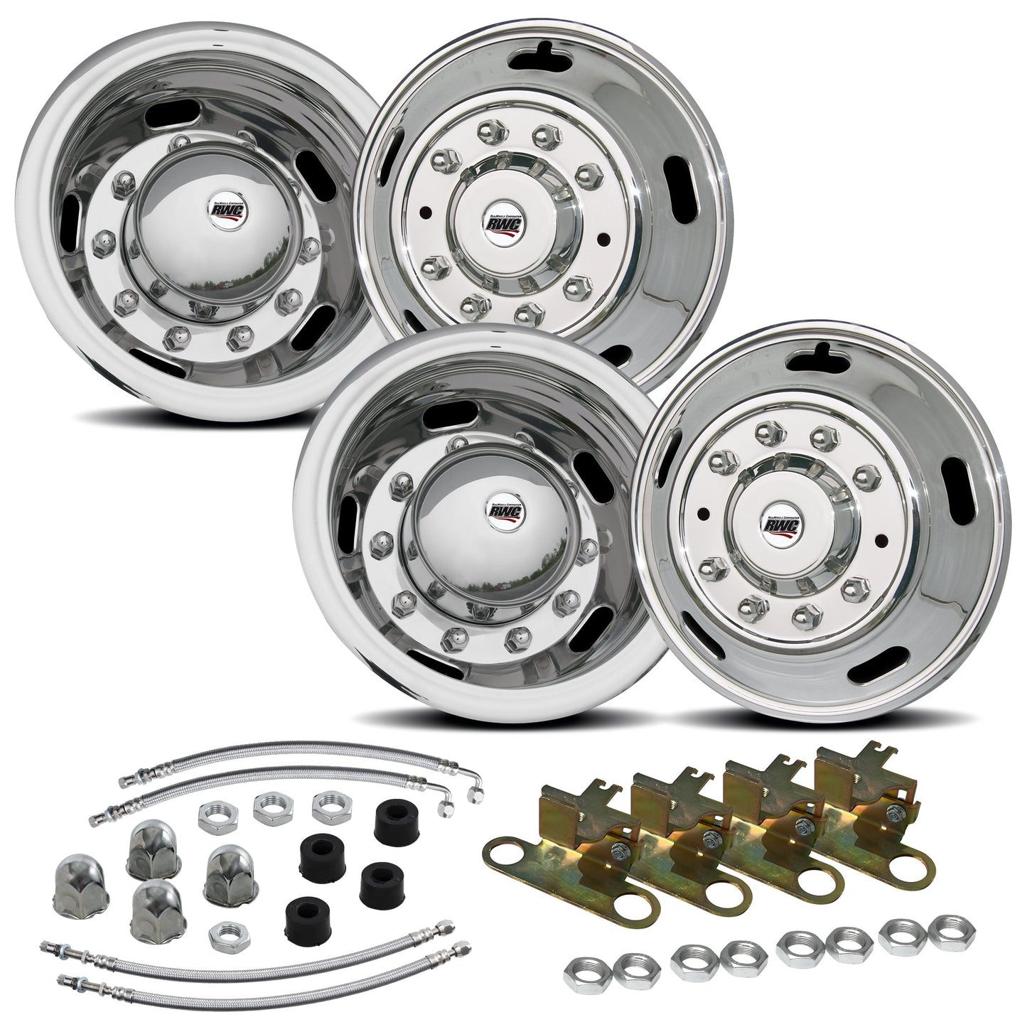 19.5" 10 Lug E-Series Stainless Steel Full Simulator Kit - 2 Steer / 2 Drive Covers with Mounting Hardware and Air Valve Extensions (in Polished Mirror Shine finish)