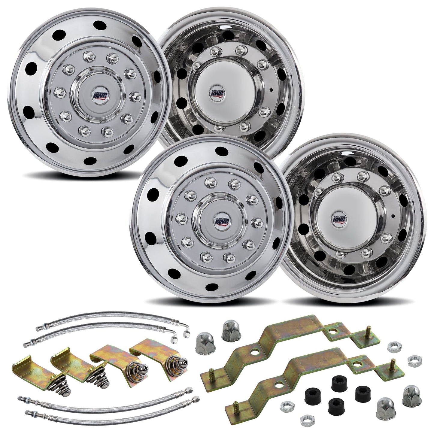19.5" 10 Lug American Road Series Stainless Steel Full Simulator Kit - 2 Steer / 2 Drive Covers with Mounting Hardware and Air Valve Extensions (in Polished Mirror Shine finish)