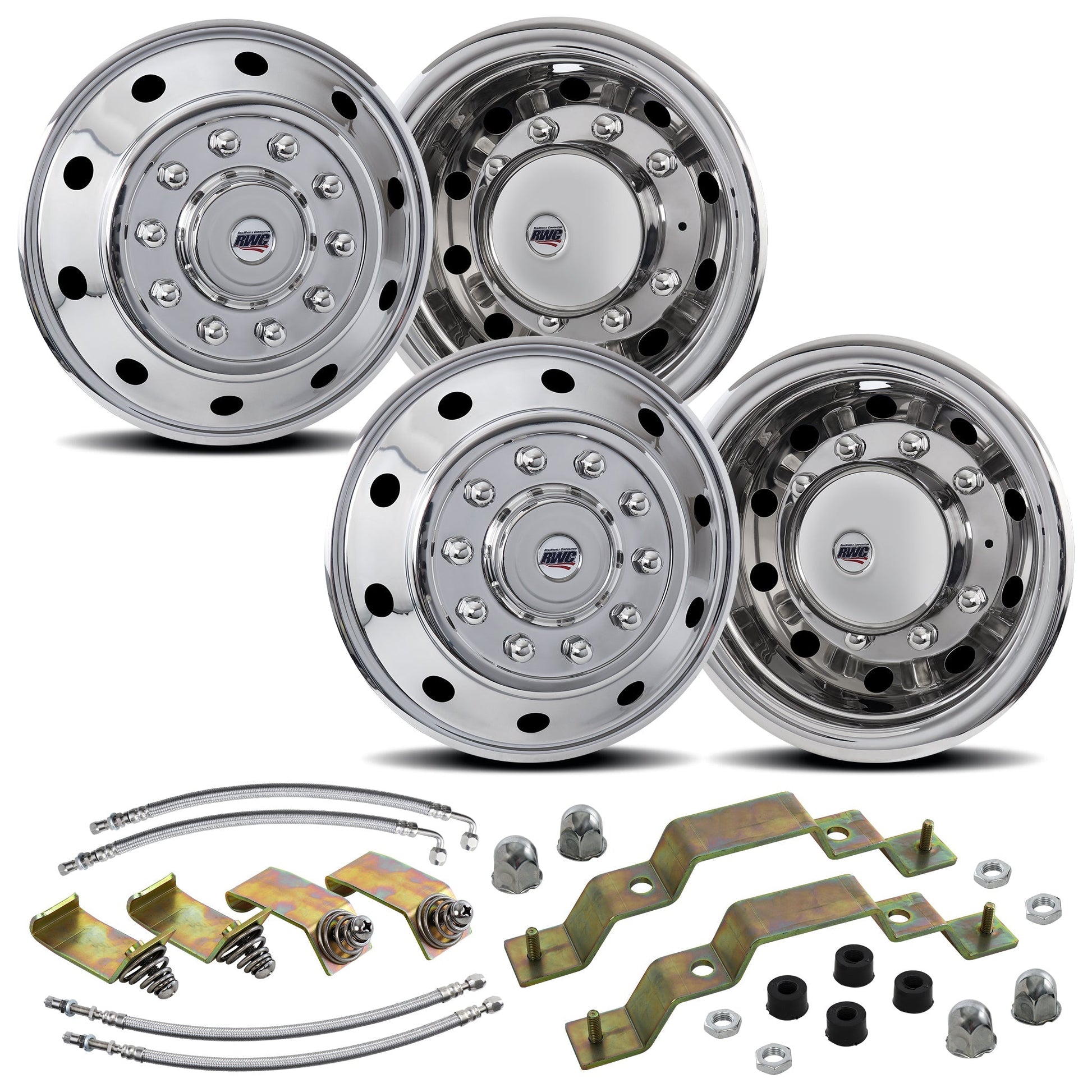 19.5" 10 Lug American Road Series Stainless Steel Full Simulator Kit - 2 Steer / 2 Drive Covers with Mounting Hardware and Air Valve Extensions (in Polished Mirror Shine finish)