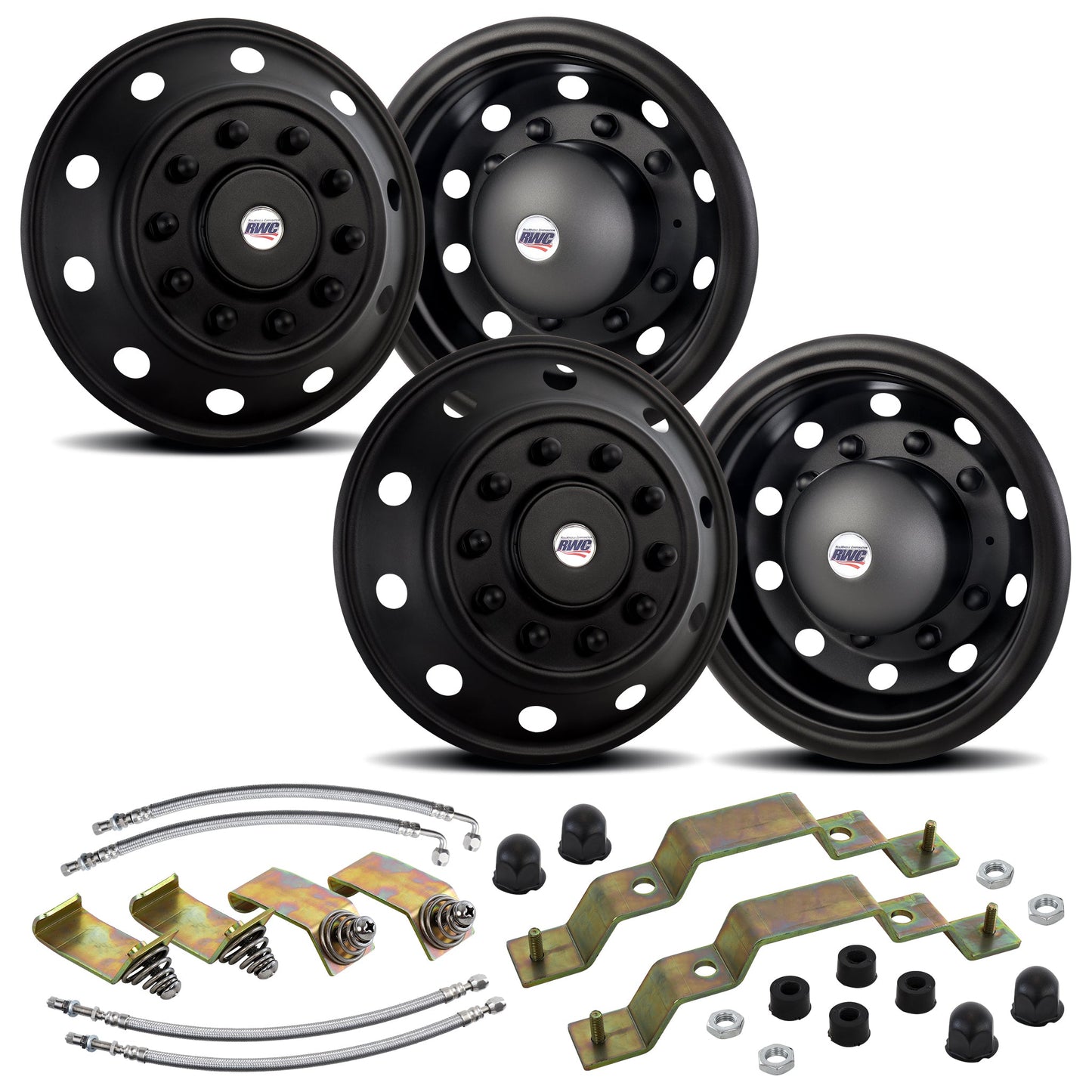 19.5" 10 Lug American Road Series Stealth Black Full Simulator Kit - 2 Steer / 2 Drive Covers with Mounting Hardware and Air Valve Extensions