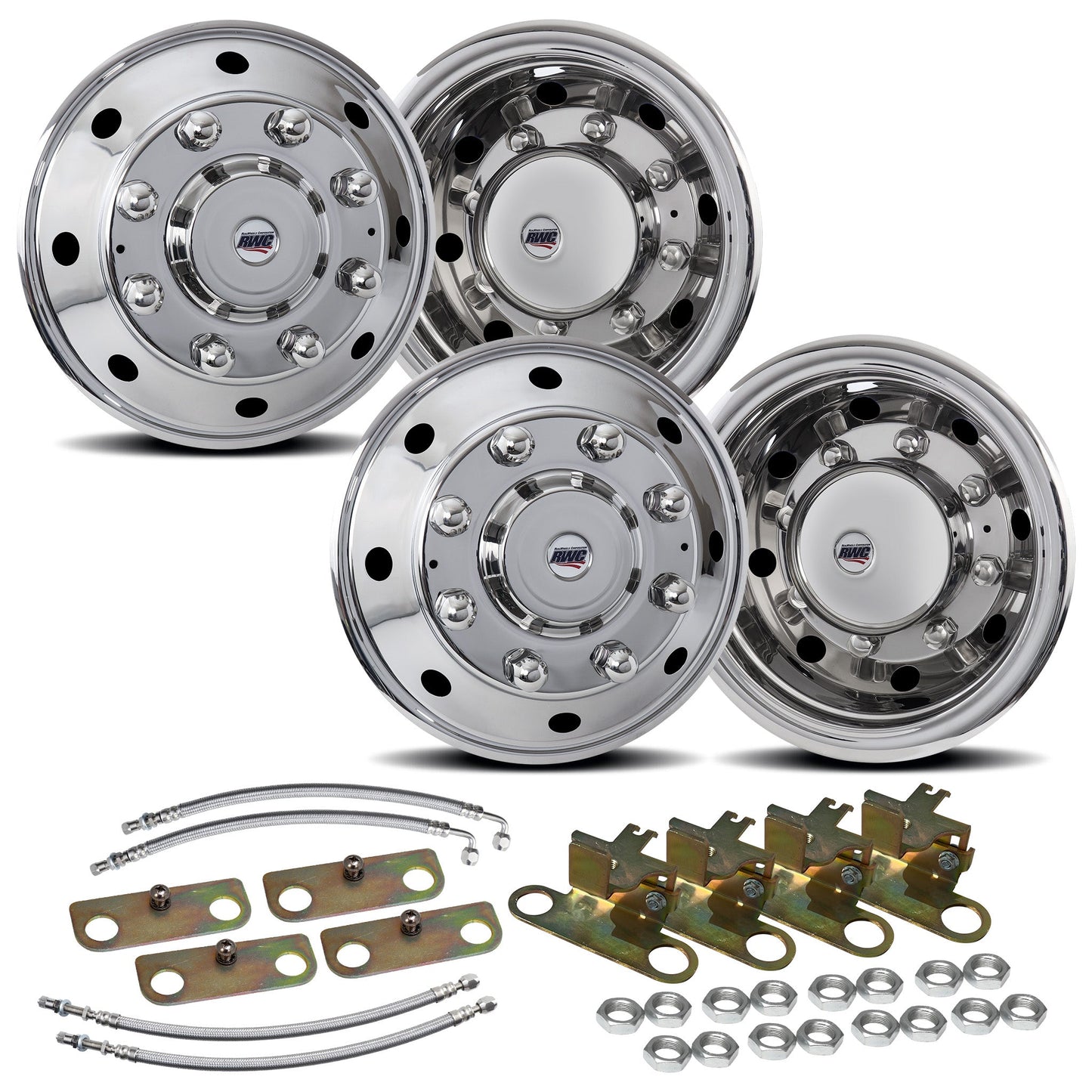 19.5" 8 Lug American Road Series Stainless Steel Full Simulator Kit - 2 Steer / 2 Drive Covers with Bridge Plate Mounting Hardware and Air Valve Extensions (in Polished Mirror Shine finish)