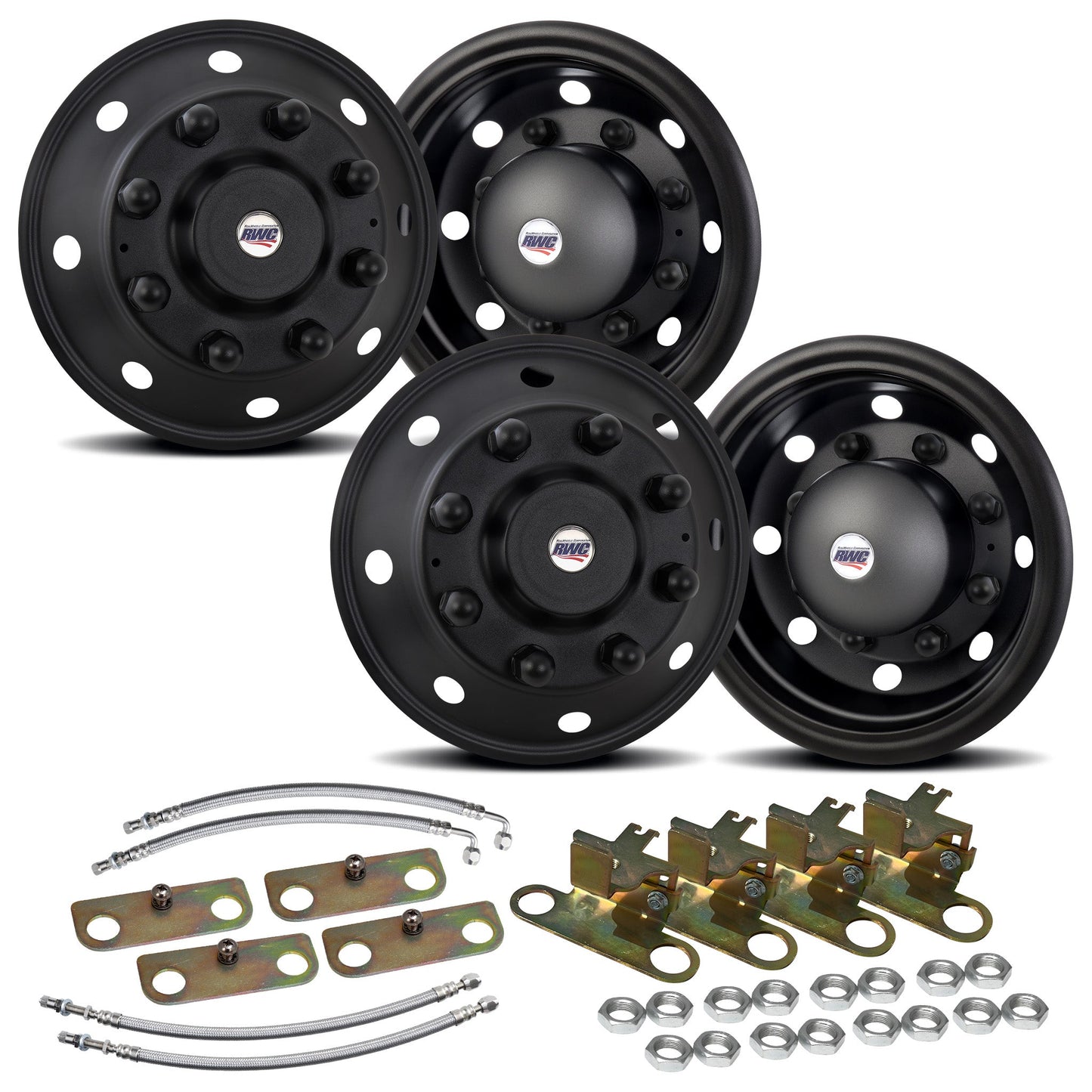 19.5" 8 Lug American Road Series Stealth Black Full Simulator Kit - 2 Steer / 2 Drive Covers with Bridge Plate Mounting Hardware and Air Valve Extensions